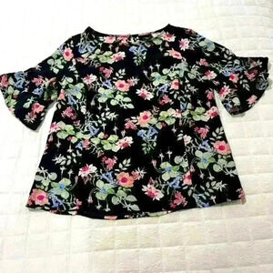 Liz Claiborne Womens Blouse Small Black Floral Short Bell Sleeve‎ Lightweight
